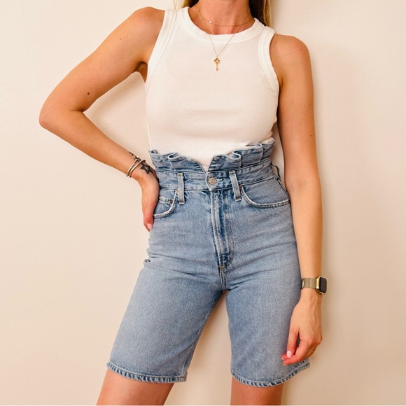 Agolde super high waisted ruffle top 100% organic cotton demin blue jean shorts - Picture 4 of 10